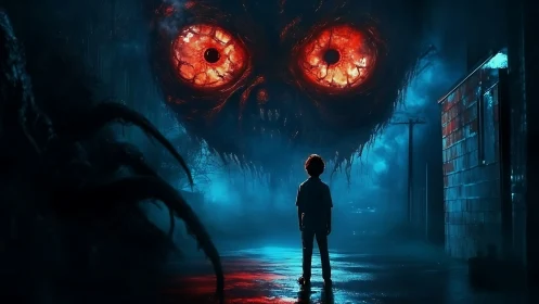 Nocturnal alley confrontation with colossal infernal eyes.