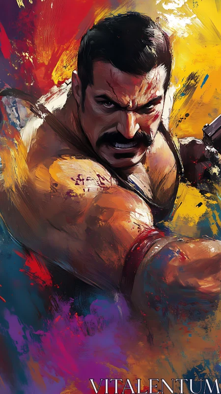 Brushstrokes ignite a fierce brawler charging through color storms