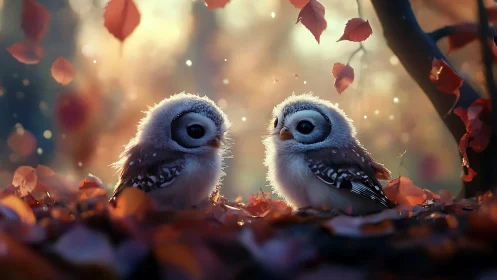 Two Fluffy Baby Owls in Autumn Forest, Soft Dreamy Style.
