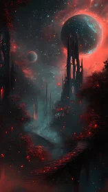 Starlit bridge to crimson forests and distant planets.