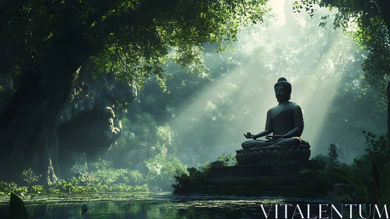 Meditating Buddha statue in dense forest with sun rays.