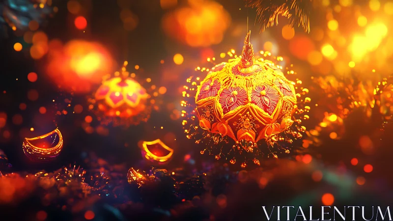 Glowing festive ornament with vivid bokeh lights detail.