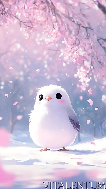 Fluffy white bird enjoys gentle snowfall under pink blossoms