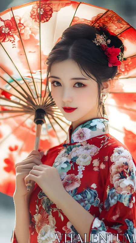 Crimson parasol muse in blossoming hanfu elegance. Period.