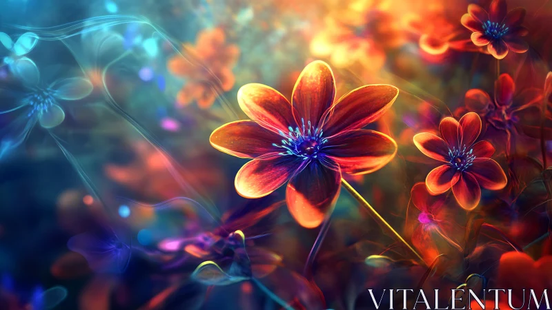 Neon flowers with warm and cool light gradients rendered in digital space.