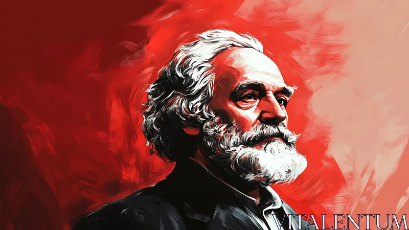 Bold white-bearded thinker against swirling red sky.