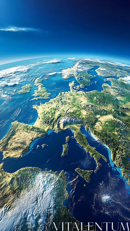 Sunlit European coastline arcs above sapphire Mediterranean.