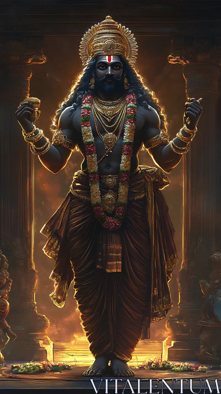 Radiant temple guardian strides through molten dusk light