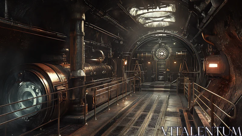 Industrial tunnel corridor with pipes and machinery interior.