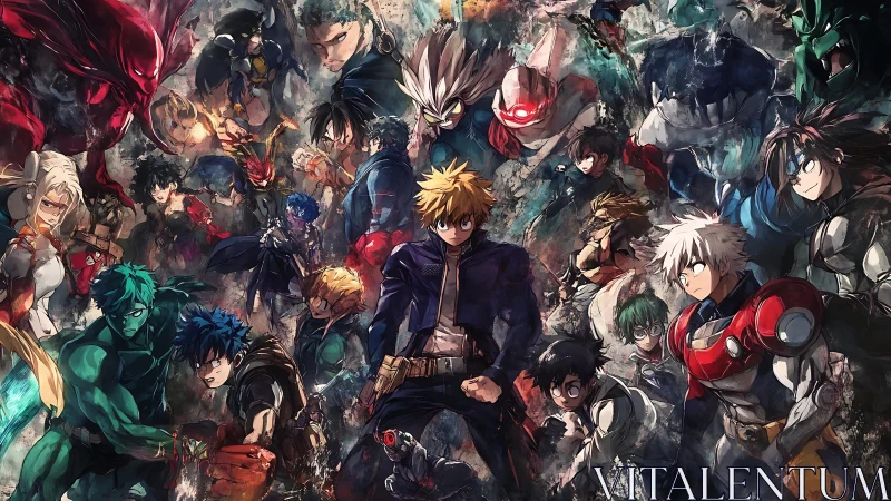 Dynamic anime ensemble showcases chaotic hero and villain standoff