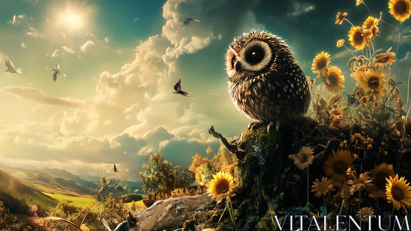 Whimsical Owl on Sunflower Hill in Dreamy Fantasy Landscape.