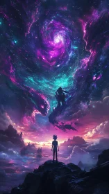 Silhouette observes swirling galactic vortex above alien seascape