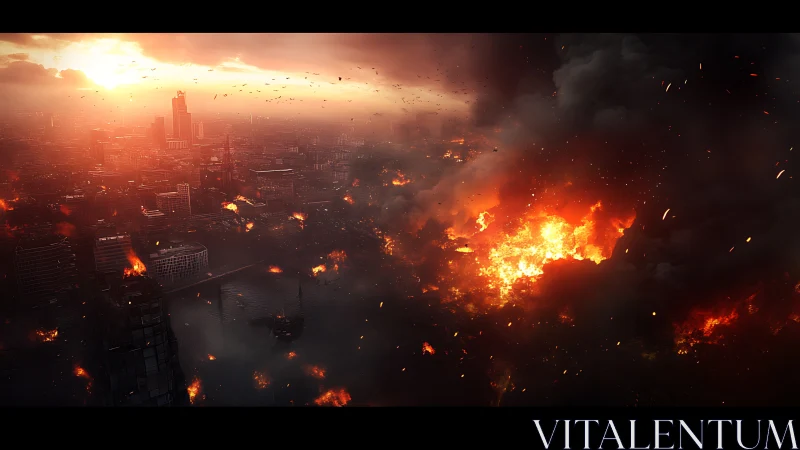 Apocalyptic cityscape consumed by catastrophic fire and chaos.