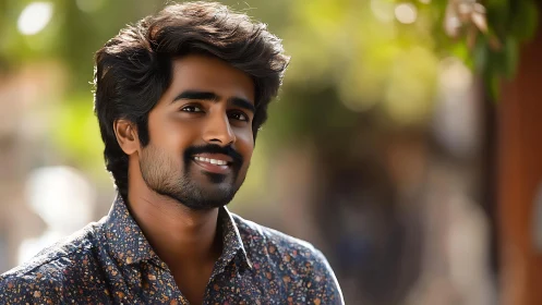 Sunlit smile and easygoing charm in a leafy street portrait.