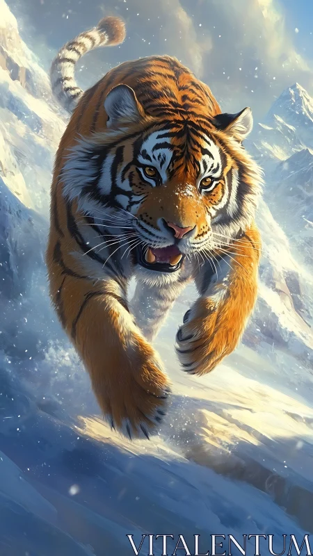 Tiger charges downhill through deep snow in winter mountains