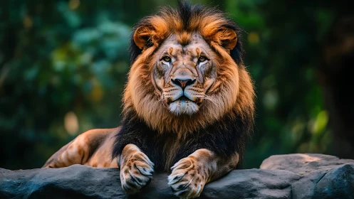 Regal lion rests on sunlit rock in dense forest clearing.