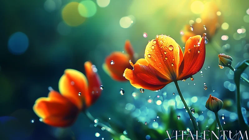 Vibrant orange tulips with dewdrops caught in luminous bokeh atmosphere.