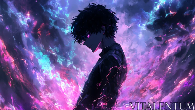 Charged silhouette within turbulent chromatic nebula field.