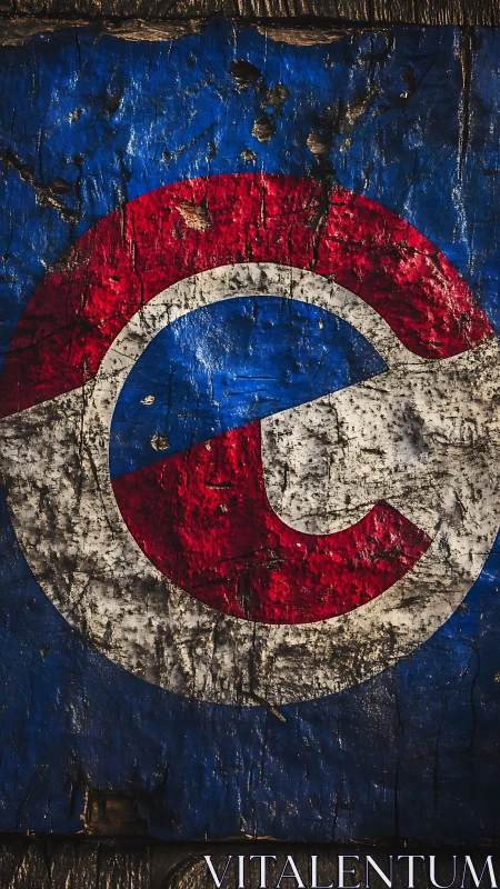 Weathered circular red white blue logo painted on wood