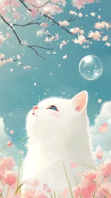 Luminous White Cat Dreams Beneath Cherry Blossoms.