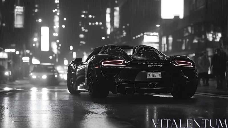 Black supercar accelerates through wet neon city street at night