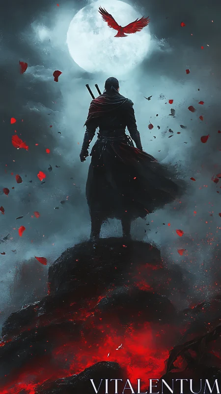 Solitary cloaked figure stands on volcanic ridge below moon