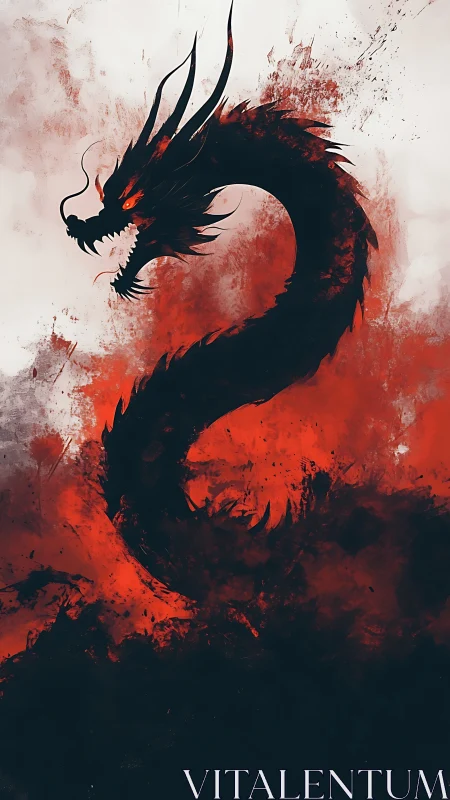 Fiery dragon silhouette curling through stormy scarlet mist.