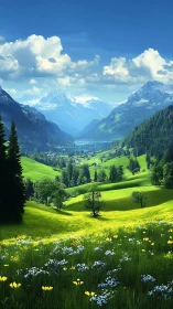 Lush alpine valley with wildflower meadows and distant peaks.