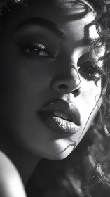 Monochrome close portrait captures sculpted lips and gaze