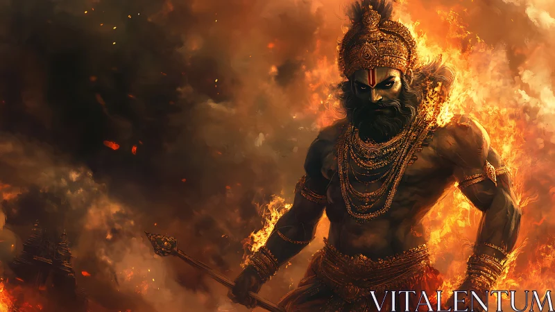 Fire crowned warrior strides through a storm of sacred embers