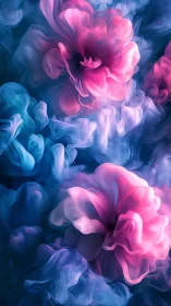 Pink abstract flowers in blue swirling digital clouds.