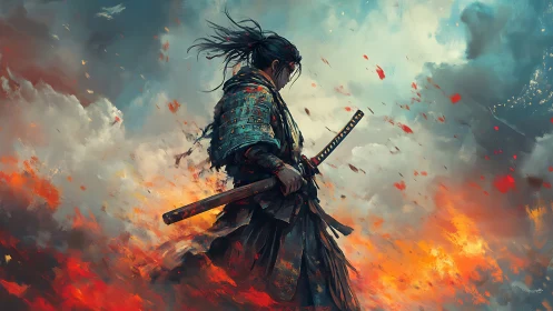 Samurai warrior stands amid blazing storm of embers.