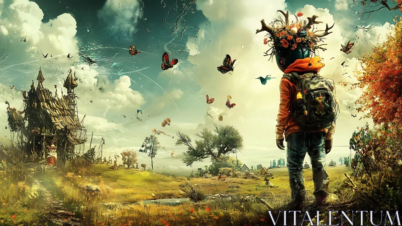 Child wanderer enters a luminous, butterfly-filled fantasy field