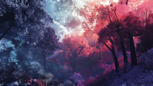 Chromatic twilight forest in magenta and cyan glow.
