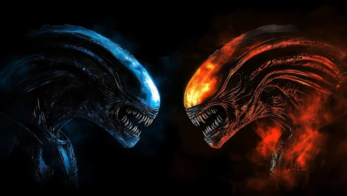 Dual alien beasts clash in blazing blue and fiery red light.
