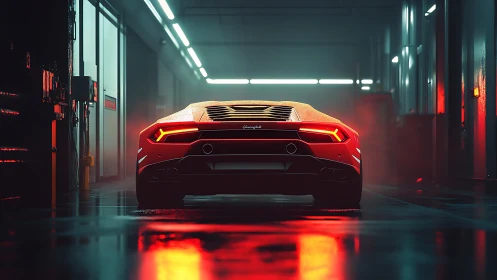 Red supercar rear view in dark neon lit industrial garage.