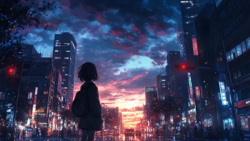 Anime urban dusk streetscape with reflective wet surfaces.