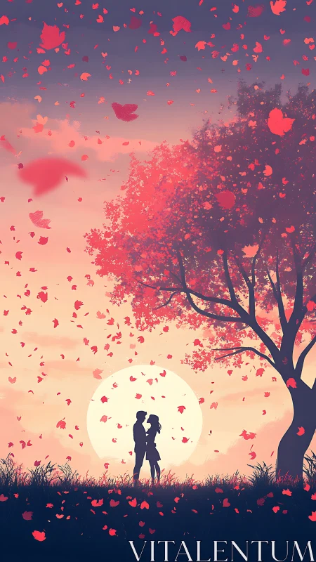 Silhouetted Couple Under Autumn Tree with Falling Leaves
