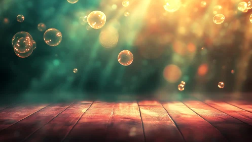 Sunlit bubbles drift above a glowing wooden dreamstage.