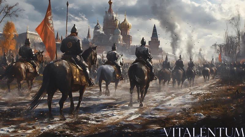 Mounted army advancing toward ornate walled citadel.