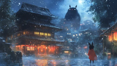 Night rain scene shows child and large cat figure in town