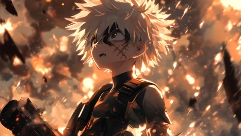 Blond anime soldier amid orange explosions and debris.