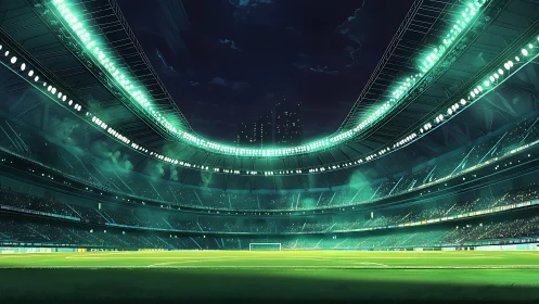 Illuminated football stadium interior under night sky