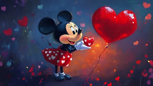 Chromatic Composition: Anthropomorphic Character Holding Heart-Shaped Buoyant Object.