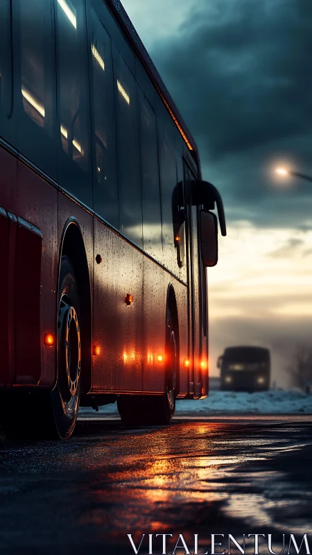 Rainlit red bus glows against a stormy winter twilight road.