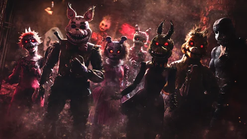 Cinematic lineup of demonic animatronic figures in smoky alley