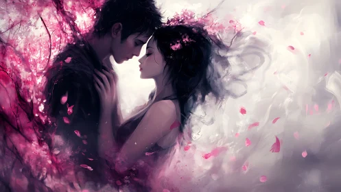 Ethereal couple embracing amid glowing cherry blossoms