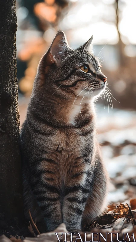 Tabby Cat Perched Against Textured Bark, Gazing Upward