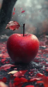 Crimson apple with dew on wet autumn leaves at dusk.