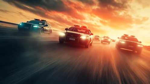 Sunset pursuit brings sleek police cars to life on road.